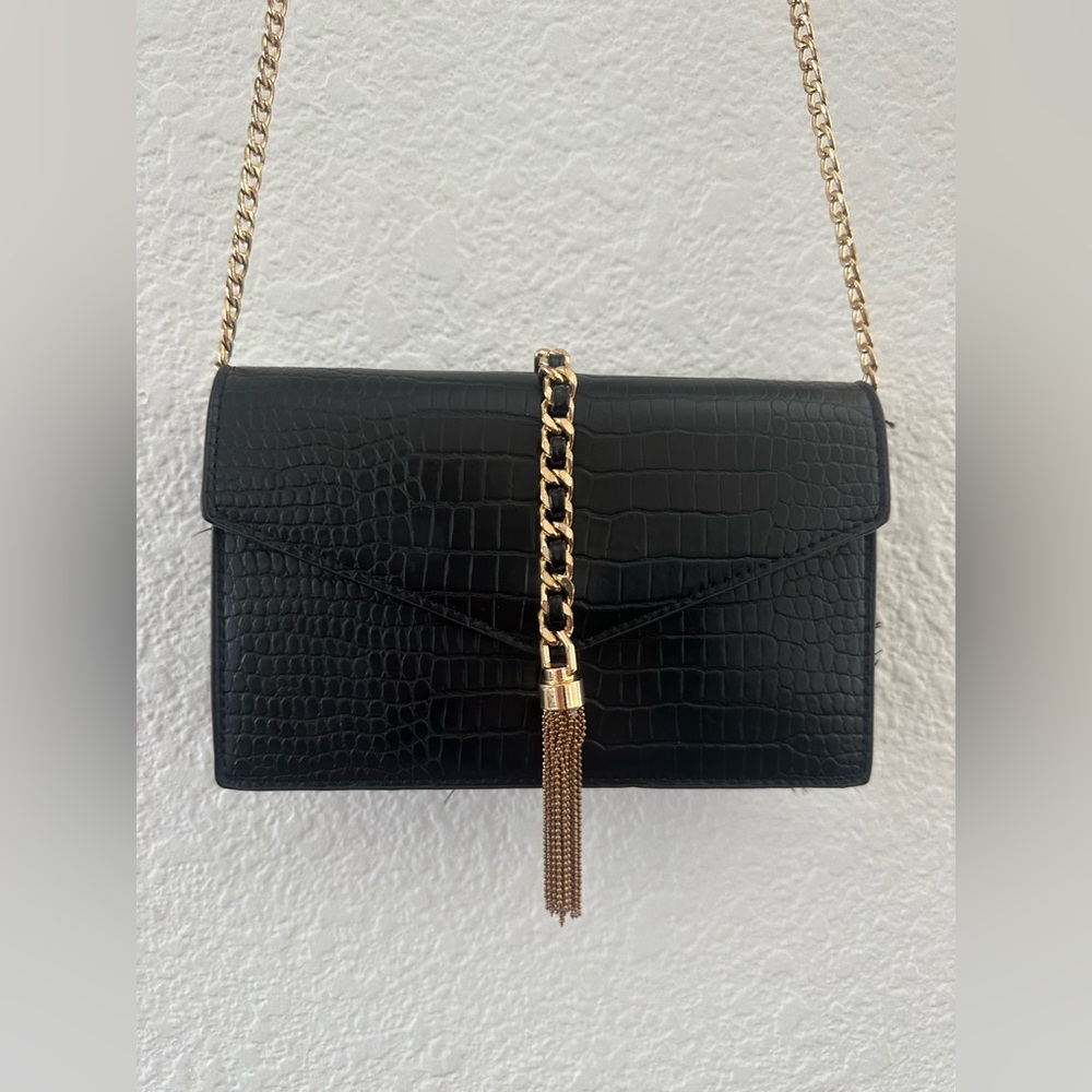 Black and Gold Croc-Embossed Crossbody Bag